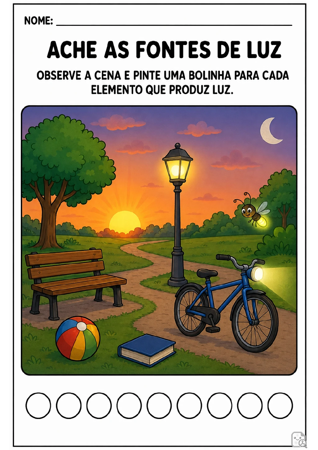 Cena de parque ao entardecer com sol no horizonte, poste aceso, vaga-lume e bicicleta com farol aceso.