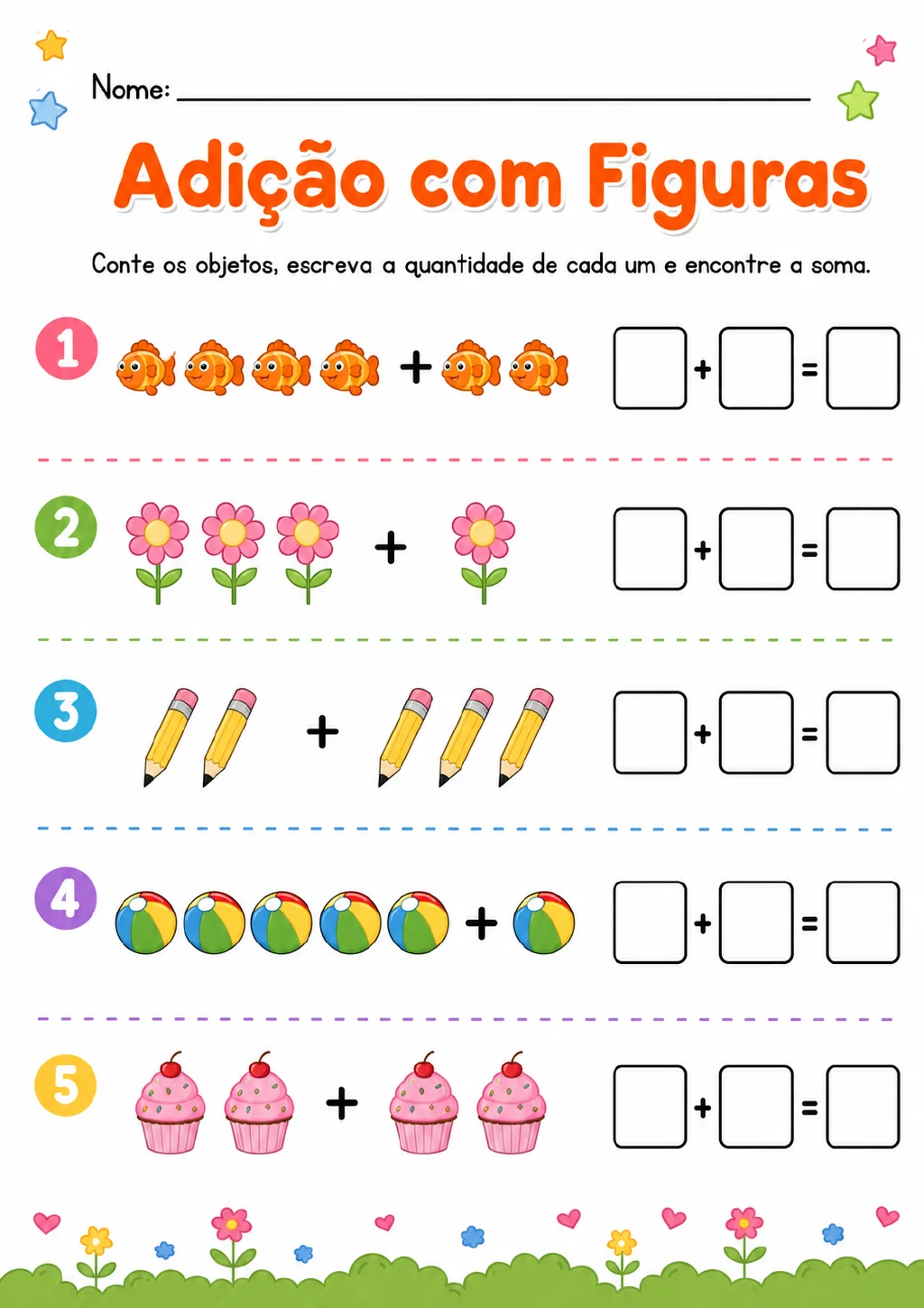 Cinco adições ilustradas com peixes, flores, lápis, bolas de praia e cupcakes, com campos para registrar as parcelas.
