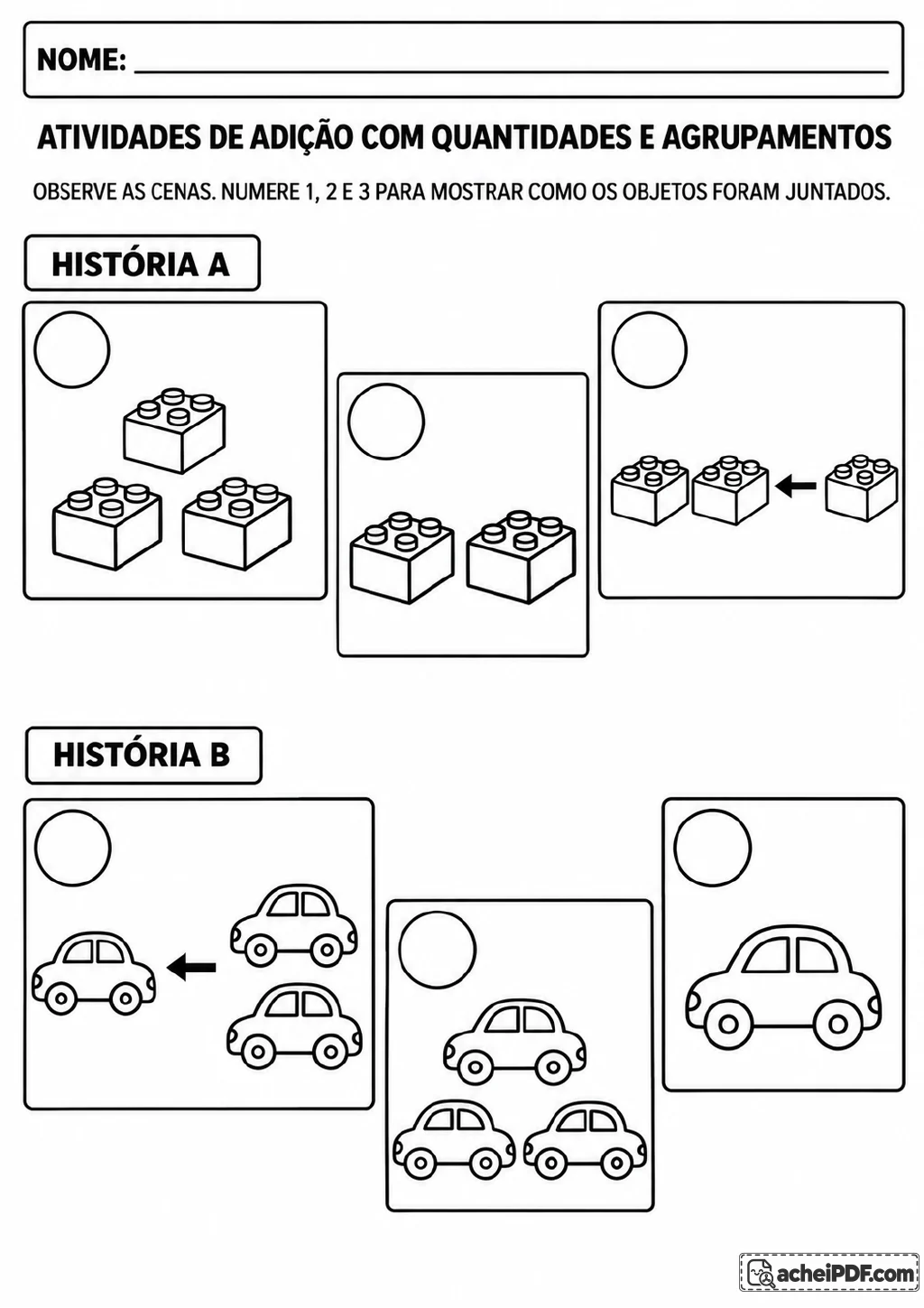 Duas sequências, História A e História B, com três quadros para numerar. A primeira mostra blocos de montar, e a segunda.