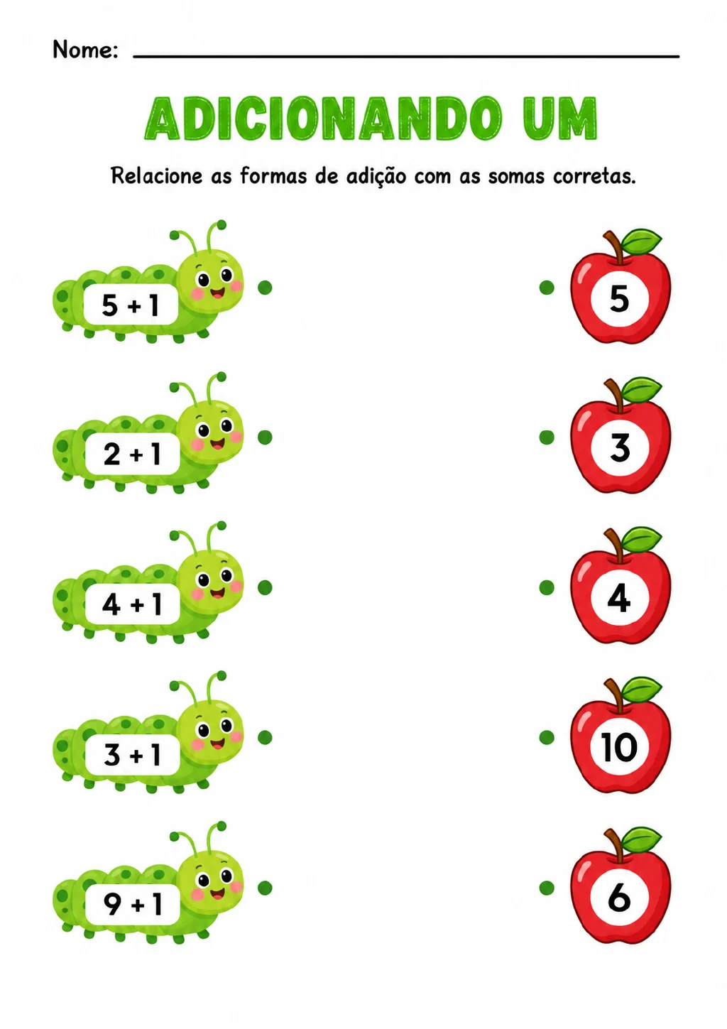 Cinco lagartas com as adições 5 mais 1, 2 mais 1, 4 mais 1, 3 mais 1 e 9 mais 1, ao lado de maçãs numeradas com 5, 3, 4.