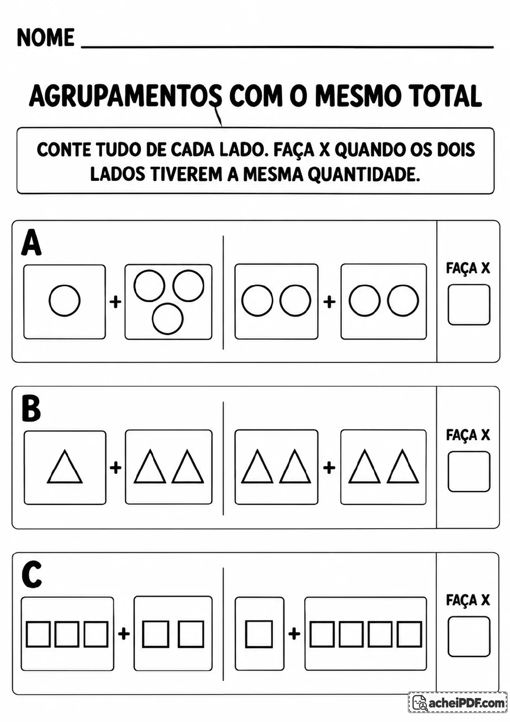 Três linhas de comparação mostram somas de círculos, triângulos e quadrados em lados separados por uma divisória.