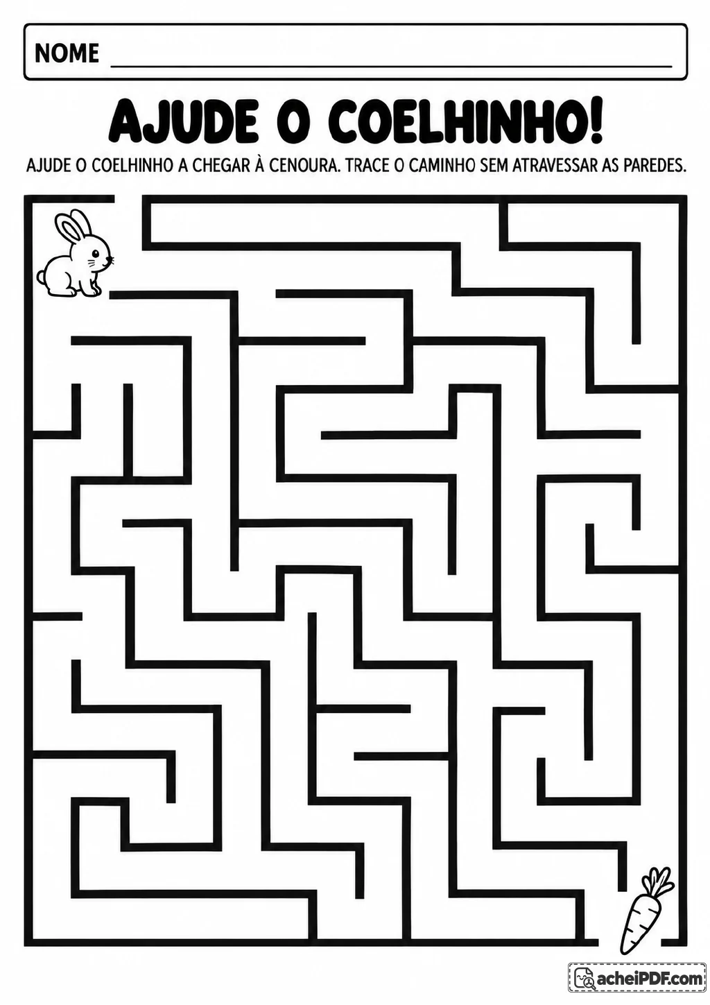 Labirinto em preto e branco com coelhinho no início, no canto superior esquerdo, e cenoura no destino.