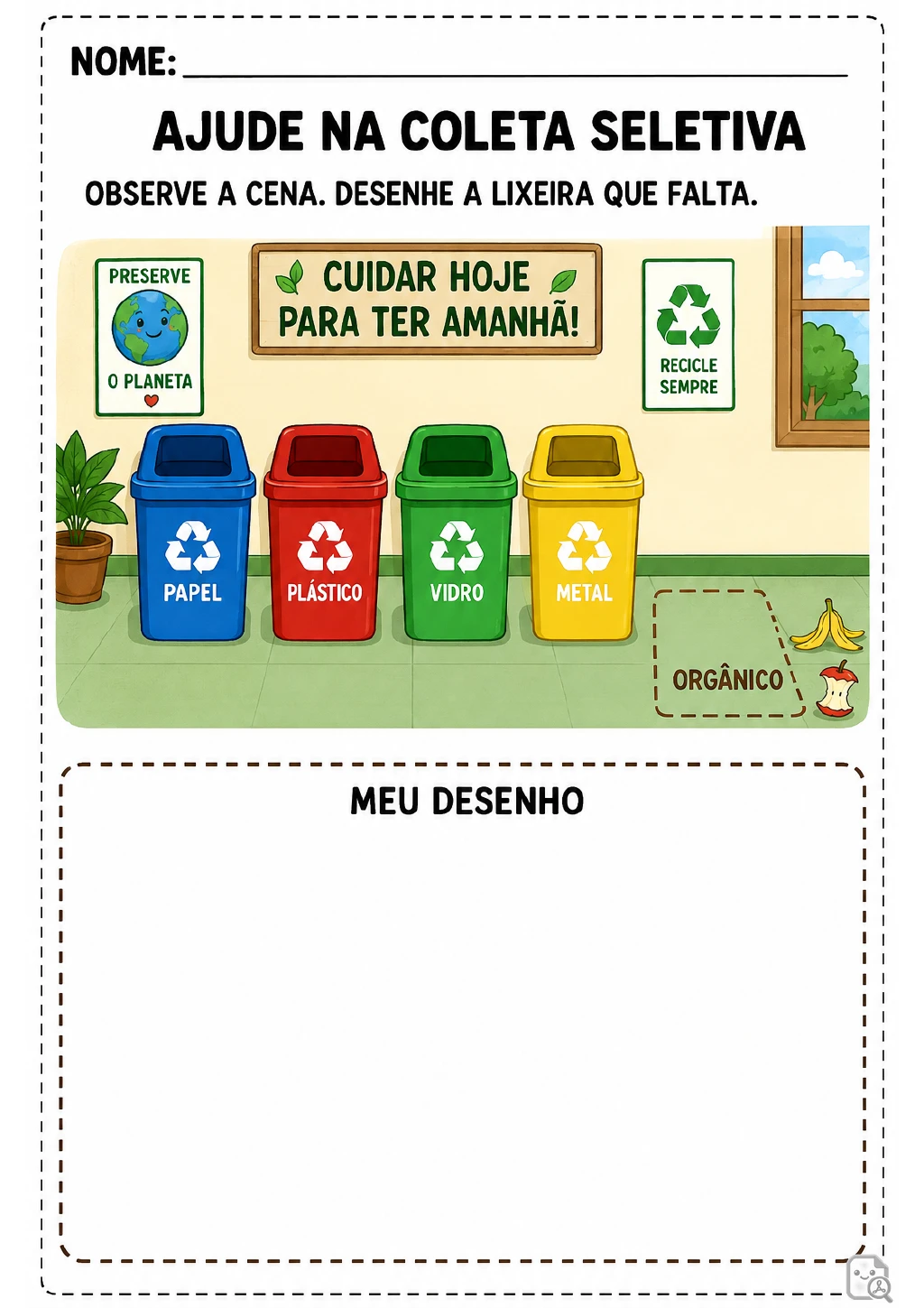 Lixeiras de papel, plástico, vidro e metal ao lado de um espaço tracejado identificado como orgânico.