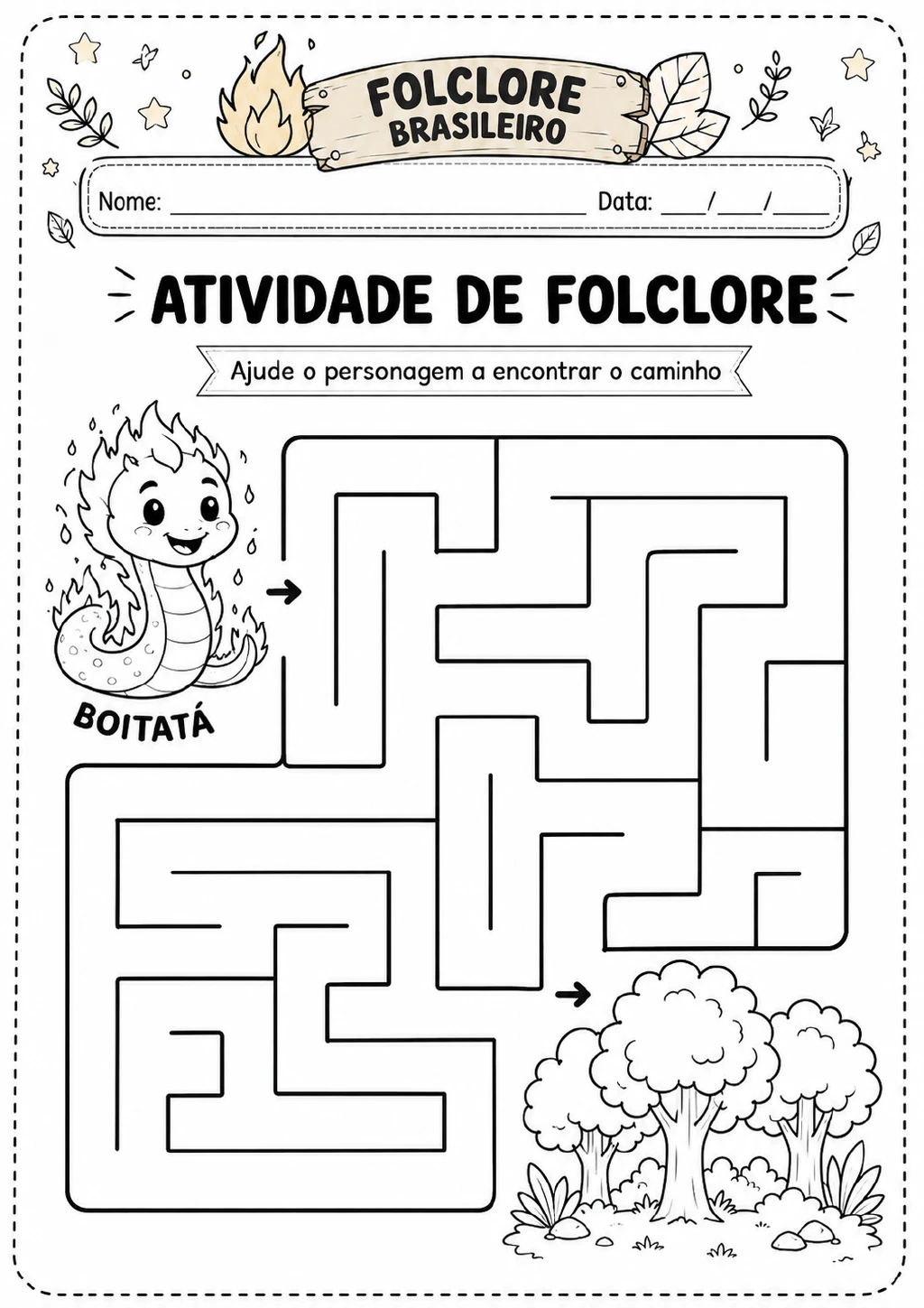 Boitatá junto à entrada de um labirinto, indicada por uma seta; outra seta marca a saída em direção a um grupo de árvores.