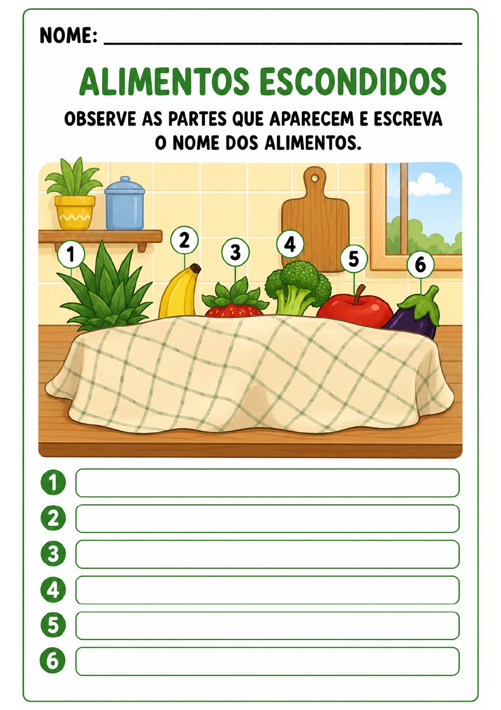 Ilustração de cozinha com uma toalha cobrindo parcialmente abacaxi, banana, morango, brócolis, maçã e berinjela.