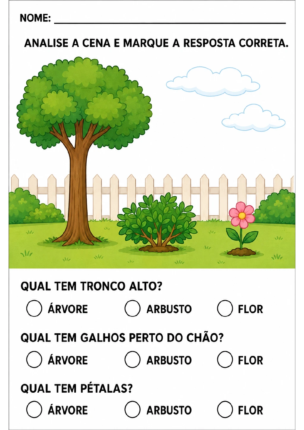 Cena de jardim com uma árvore, um arbusto e uma flor, acompanhada de três perguntas de múltipla escolha sobre tronco.