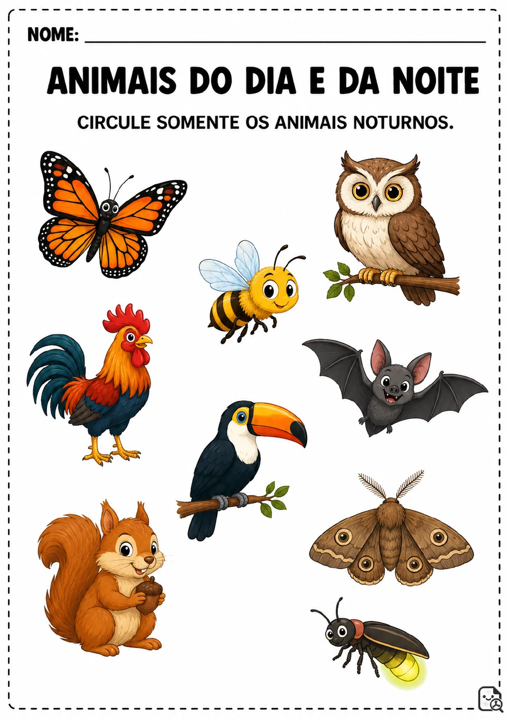 Nove animais ilustrados em fundo branco, incluindo borboleta, coruja, abelha, galo, morcego, tucano, esquilo.