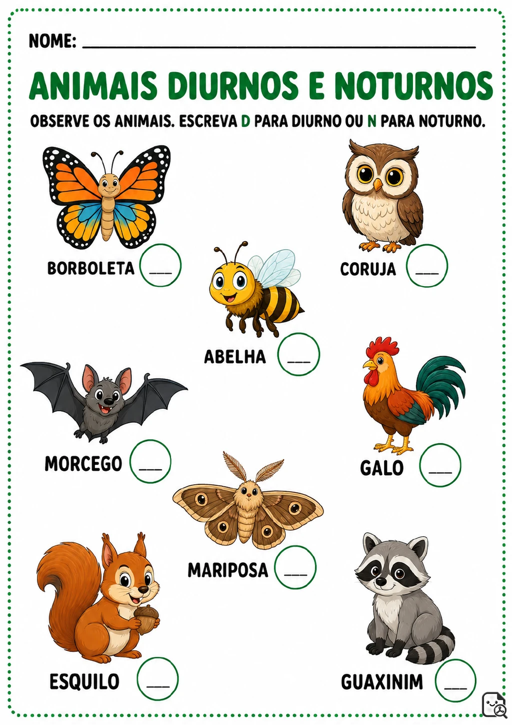 Borboleta, coruja, abelha, morcego, galo, mariposa, esquilo e guaxinim ilustrados.