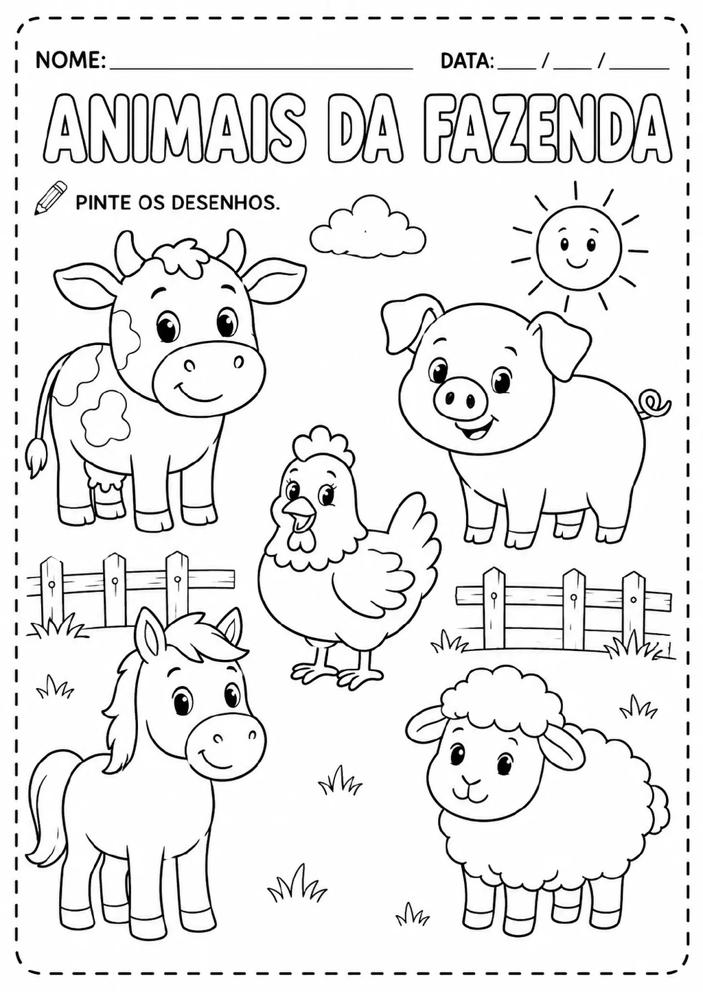 Desenho para colorir com vaca, porco, galinha, cavalo e ovelha em uma fazenda. Cercas, sol e nuvem aparecem ao fundo.