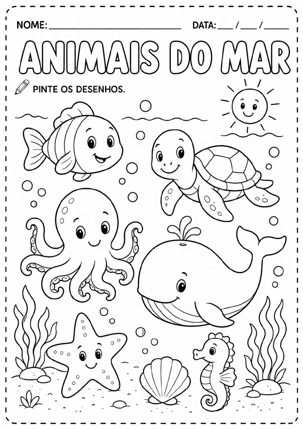 Desenho do fundo do mar para colorir com peixe, tartaruga, polvo, baleia, estrela-do-mar e cavalo-marinho entre algas.
