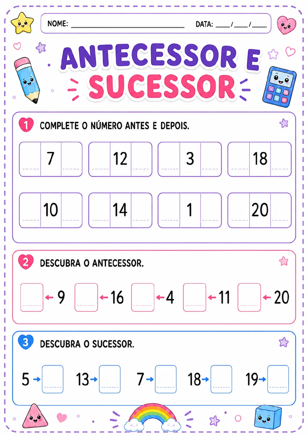 Quadros com números até 20 para completar o anterior e o posterior, além de itens de antecessor.