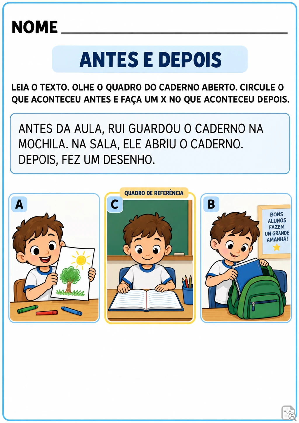 Quadro de referência com Rui e o caderno aberto, acompanhado de três cenas marcadas com A, B e C.