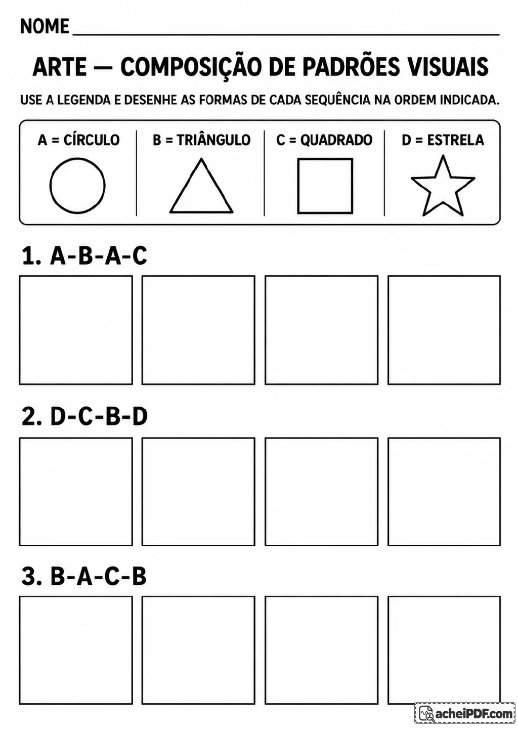Legenda que relaciona A ao círculo, B ao triângulo, C ao quadrado e D à estrela, seguida de sequências de letras.