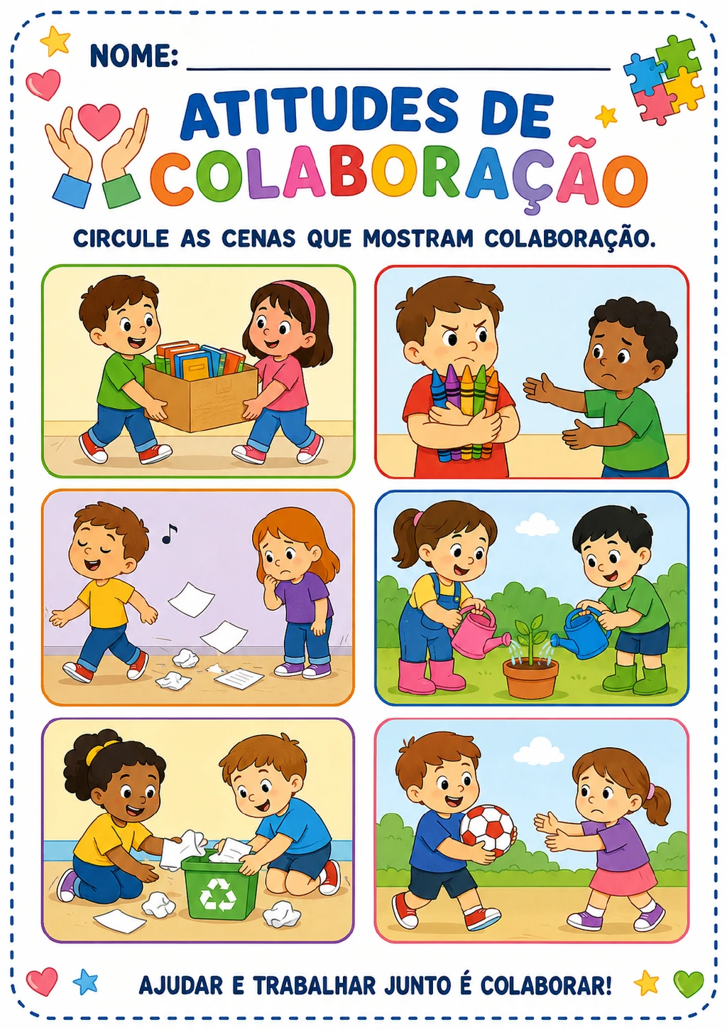 Seis cenas infantis em três linhas e duas colunas, com crianças usando livros, caixa, giz de cera, papéis, regador, planta.