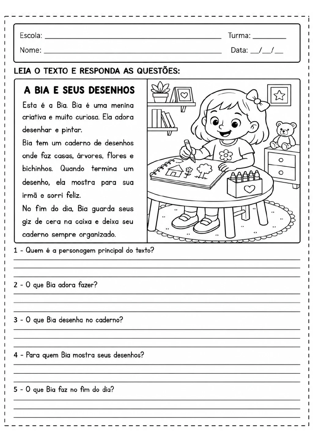 Texto “A Bia e seus desenhos” com cinco perguntas e ilustração de uma menina desenhando, com caixa de lápis de cor.