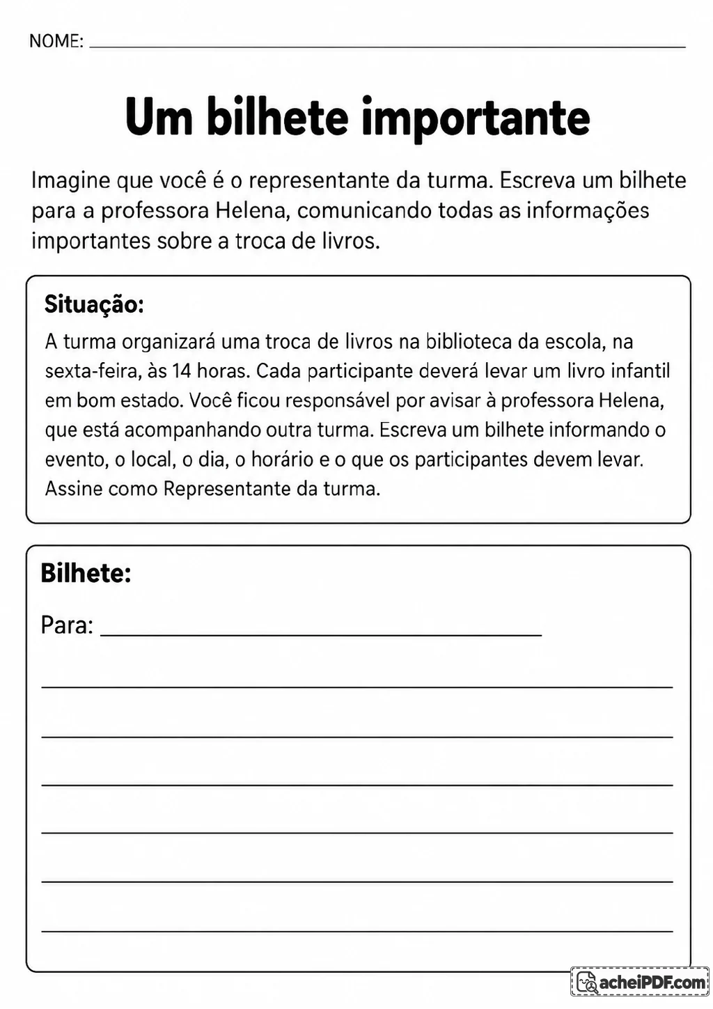 Campo pautado para escrever um bilhete à professora Helena sobre uma troca de livros na biblioteca da escola.