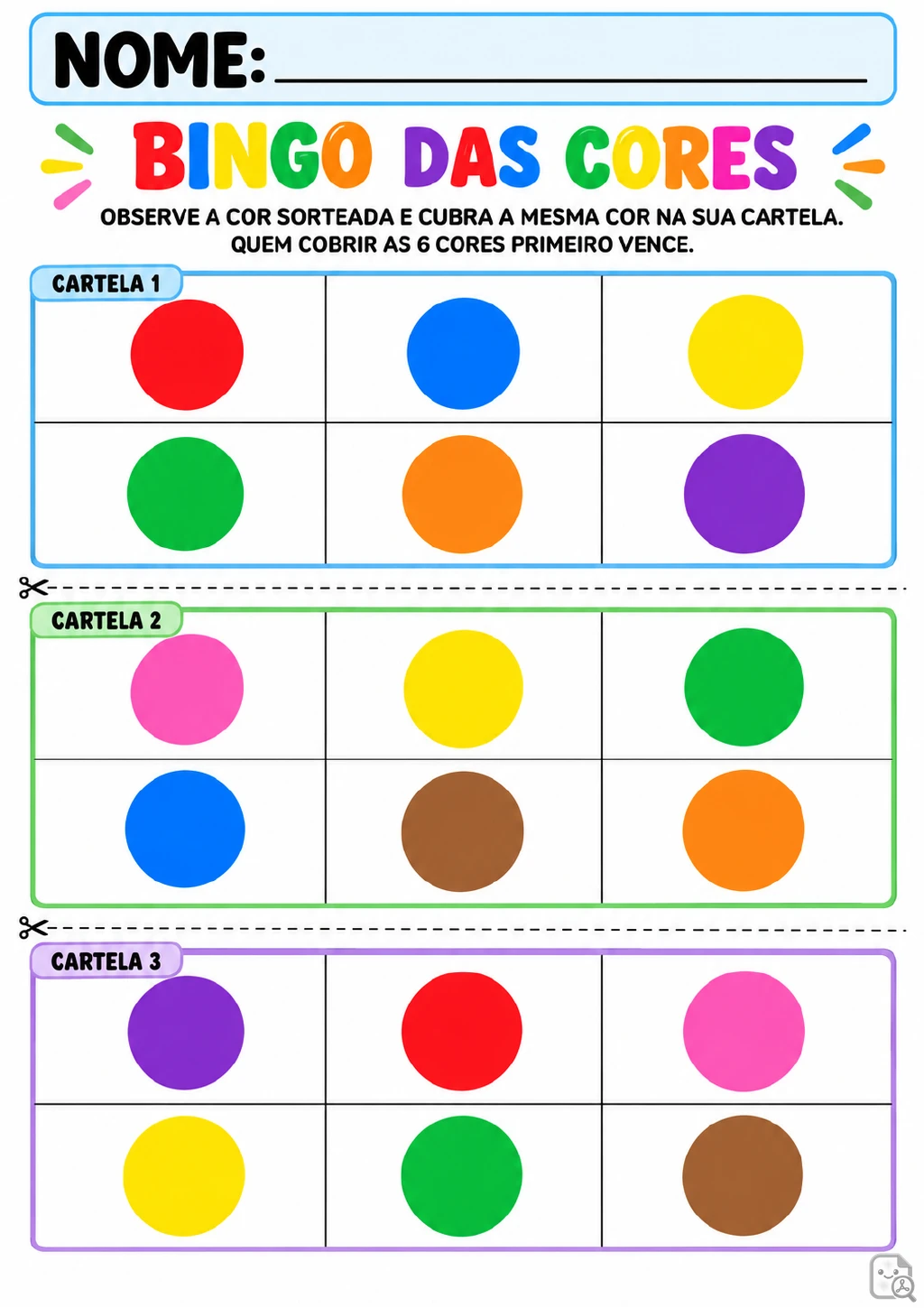 Três cartelas numeradas de 1 a 3, cada uma com seis círculos coloridos e linhas pontilhadas de recorte entre elas.