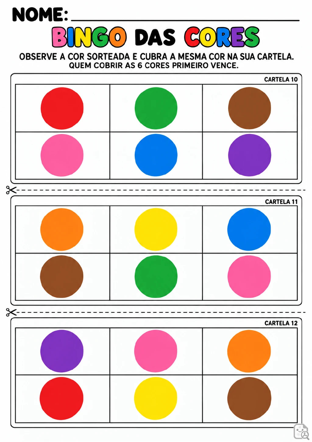 Cartelas 10, 11 e 12 em grades com seis círculos coloridos, separadas por linhas pontilhadas com ícones de tesoura.