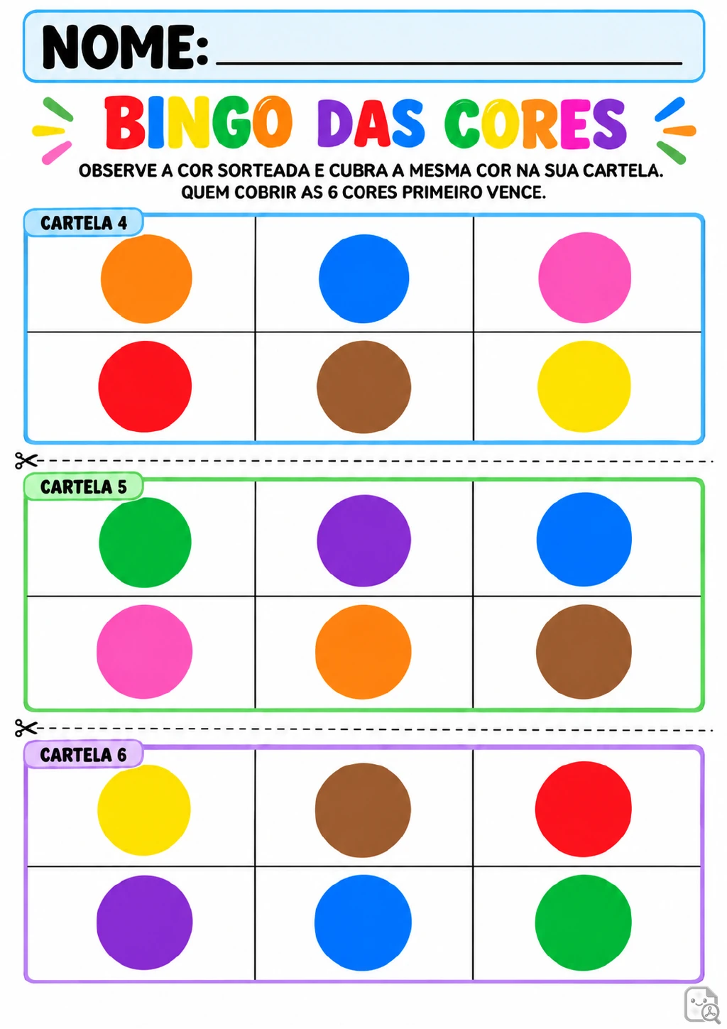 Cartelas numeradas de 4 a 6 com seis círculos coloridos em cada uma e separadores pontilhados para recorte.