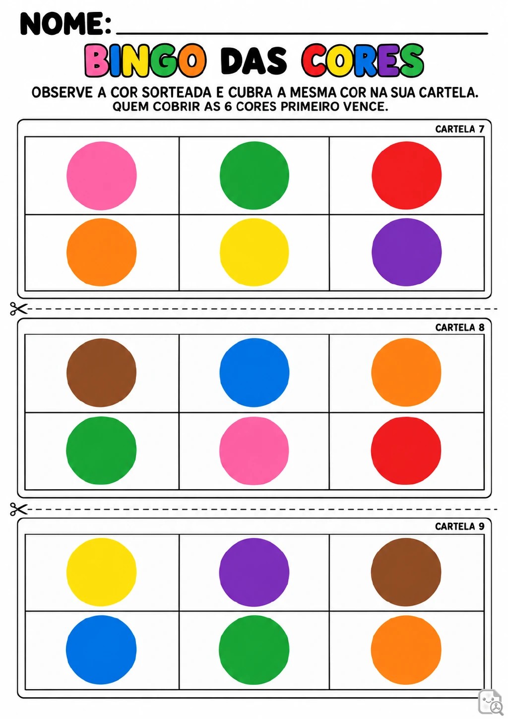 Três cartelas de bingo numeradas de 7 a 9, com círculos coloridos, contornos pretos e linhas pontilhadas de recorte.