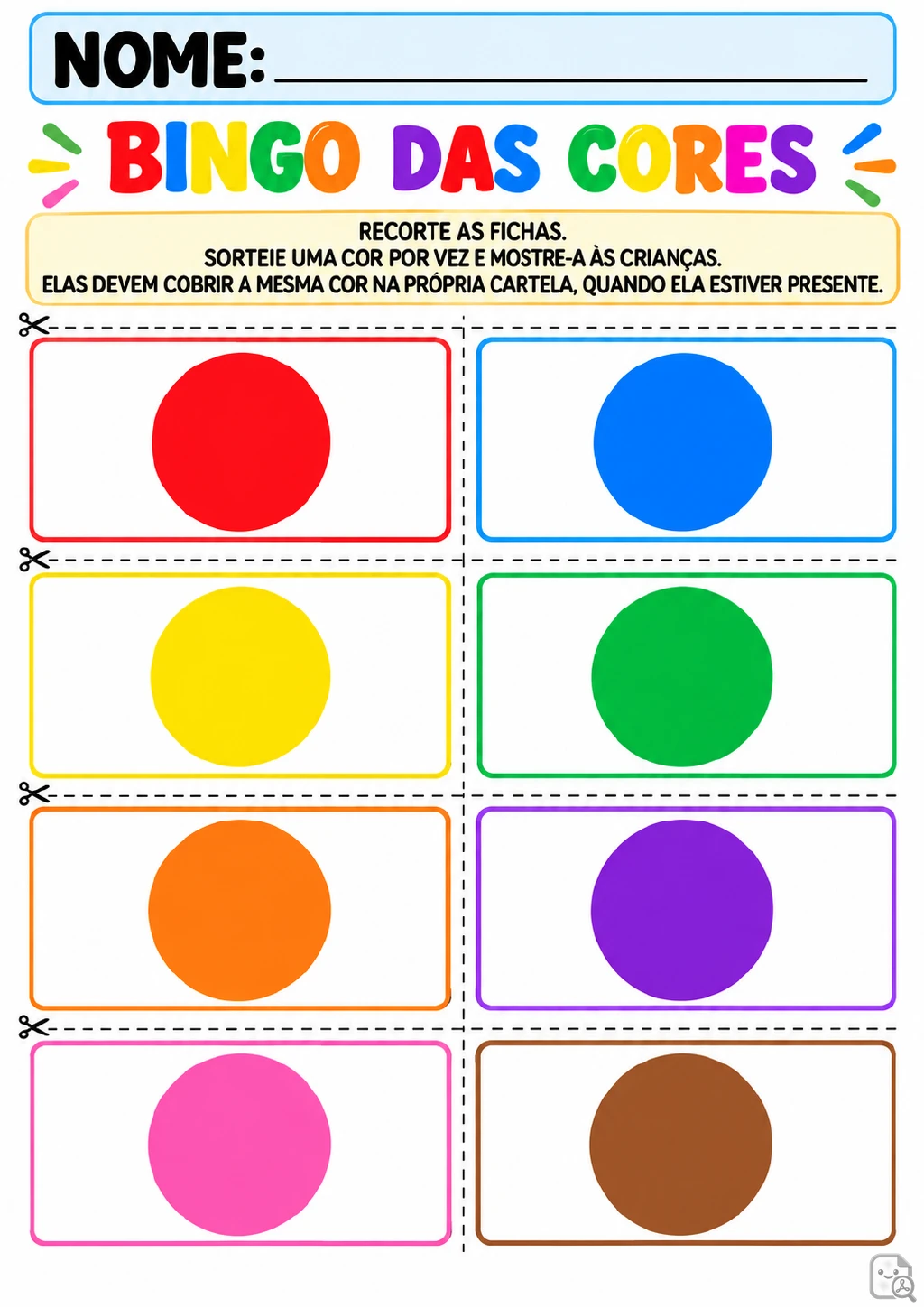 Oito fichas recortáveis em duas colunas, cada uma com um círculo vermelho, azul, amarelo, verde, laranja, roxo.