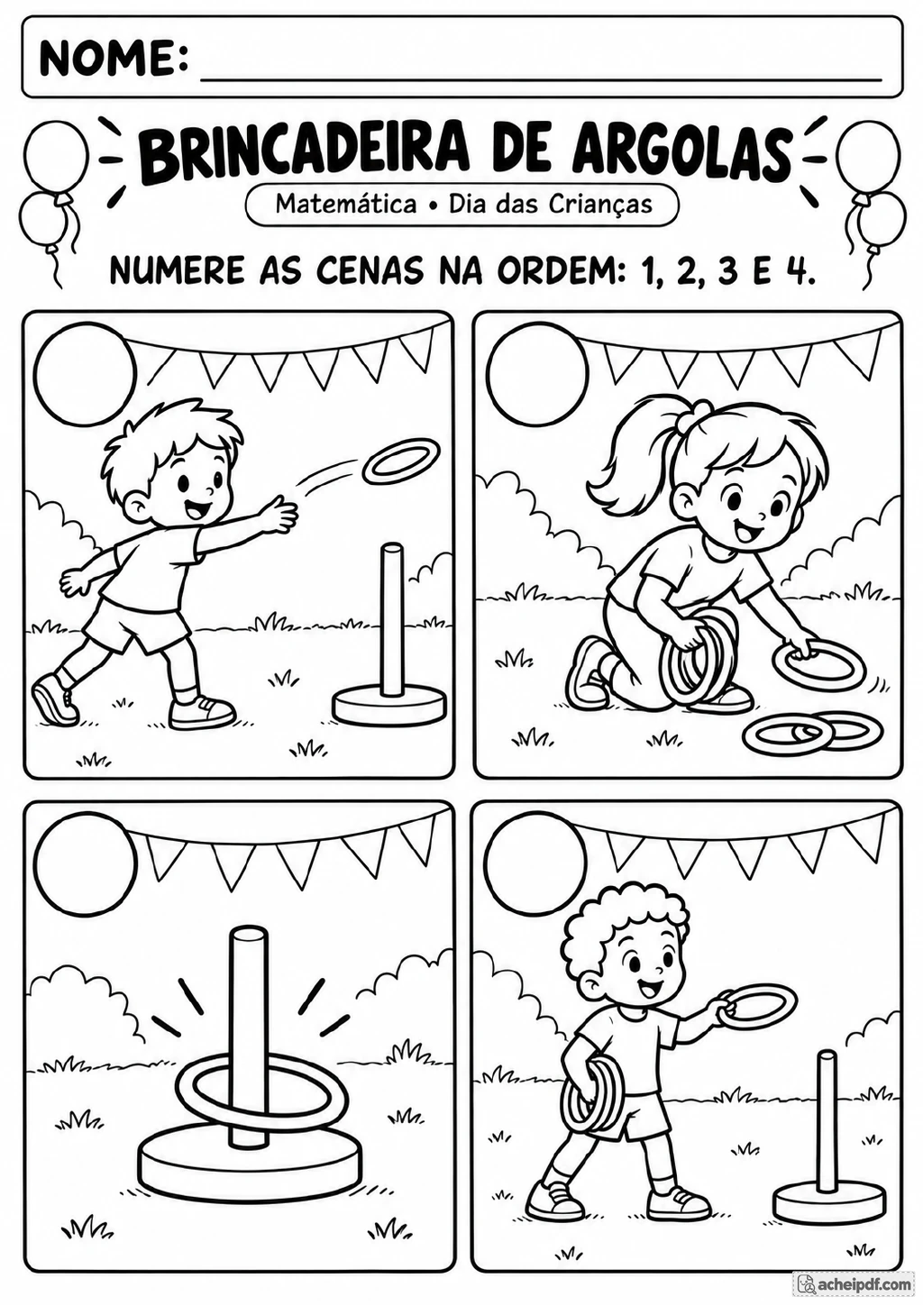 Quatro quadrinhos em preto e branco mostram crianças em uma brincadeira de argolas com pinos, balões e bandeirinhas.