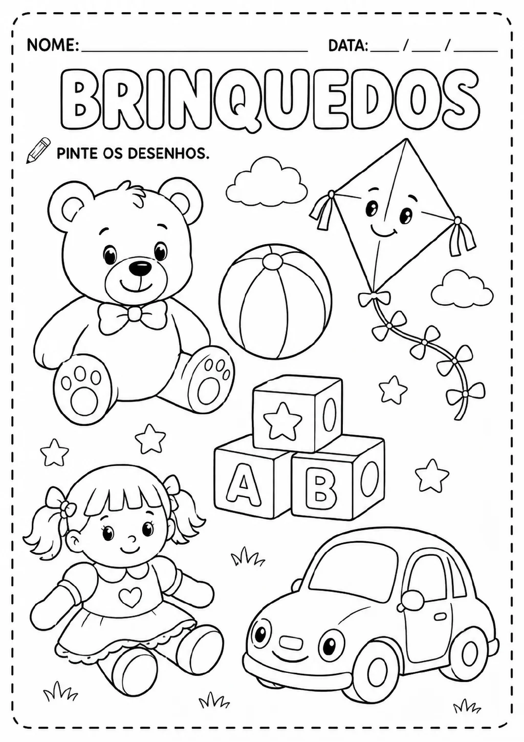 Desenhos para colorir de um ursinho, uma bola, uma pipa, blocos com as letras A e B e uma estrela, uma boneca e um carro.