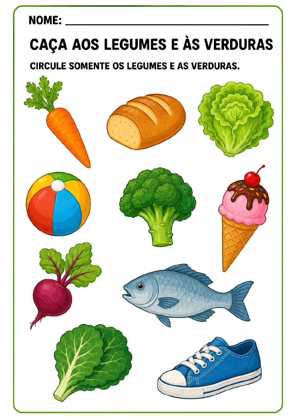Dez figuras mostram cenoura, alface, brócolis, beterraba, couve, pão, bola, sorvete.