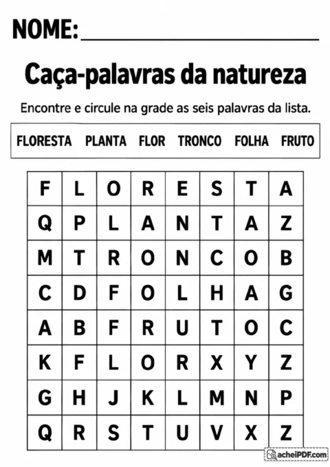 Grade de letras 8 por 8 e lista com as palavras floresta, planta, flor, tronco, folha.