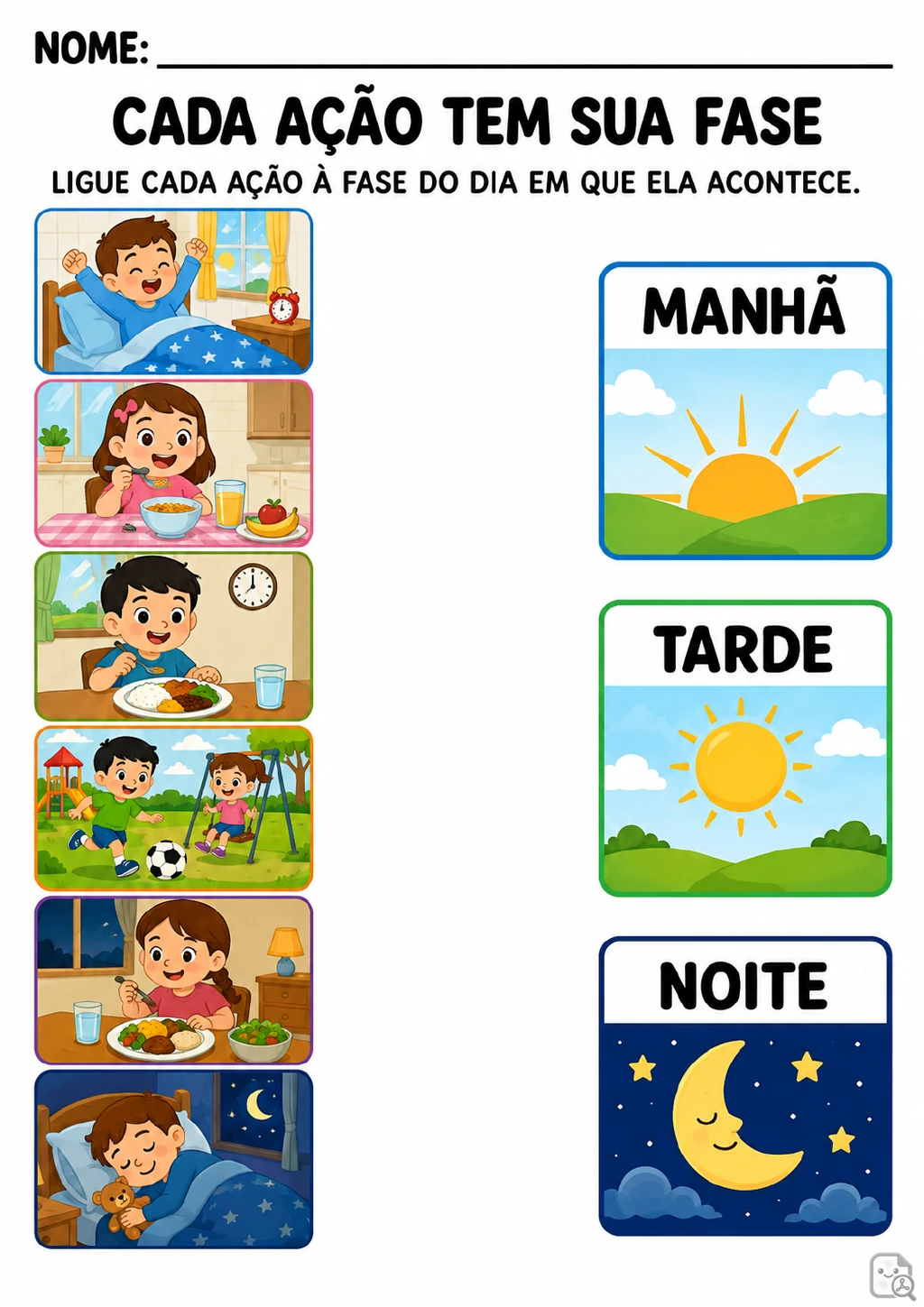 Seis cenas mostram acordar, tomar café da manhã, almoçar, brincar no parque, jantar e dormir, ao lado de cartões com manhã.