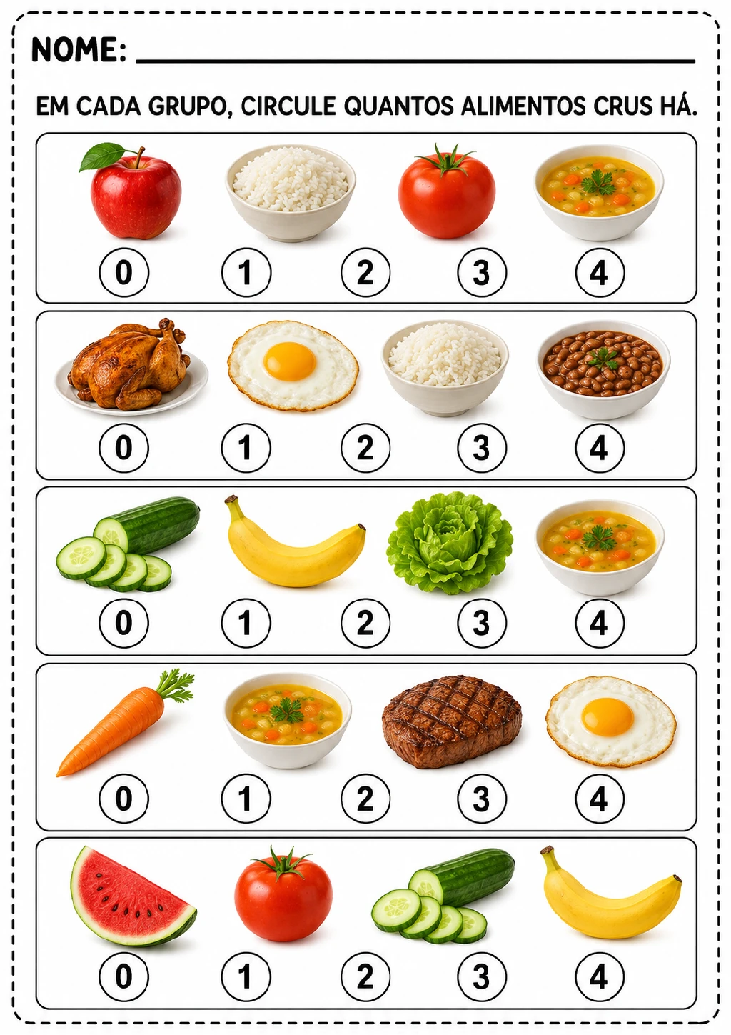 Cinco faixas com grupos ilustrados de alimentos e preparações; ao lado de cada grupo.