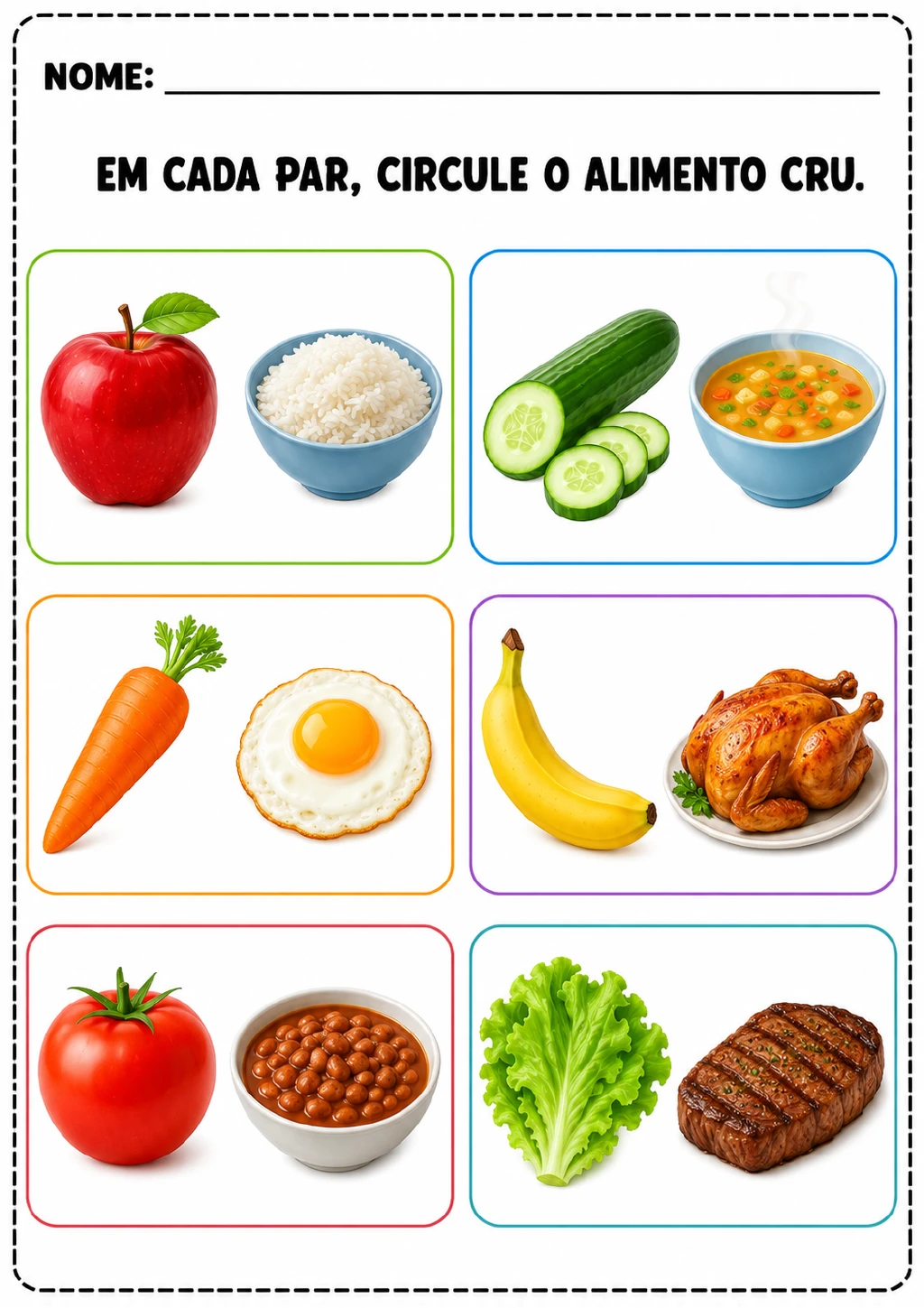 Seis pares de alimentos em quadros coloridos: maçã e arroz, pepino e sopa, cenoura e ovo frito, banana e frango assado.