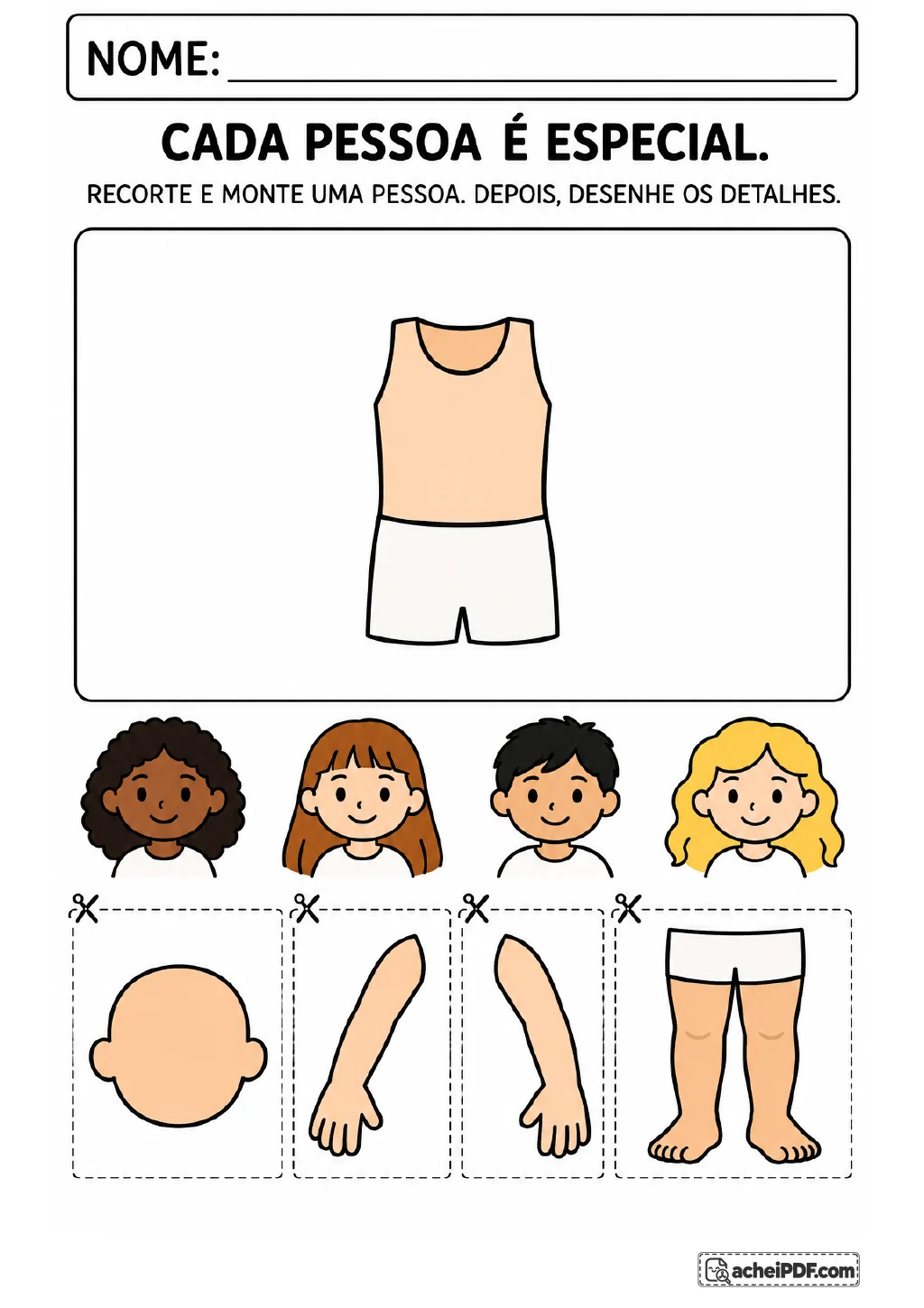 Área de montagem com um tronco vestido e peças tracejadas para recortar: cabeça, dois braços e pernas; ao lado.