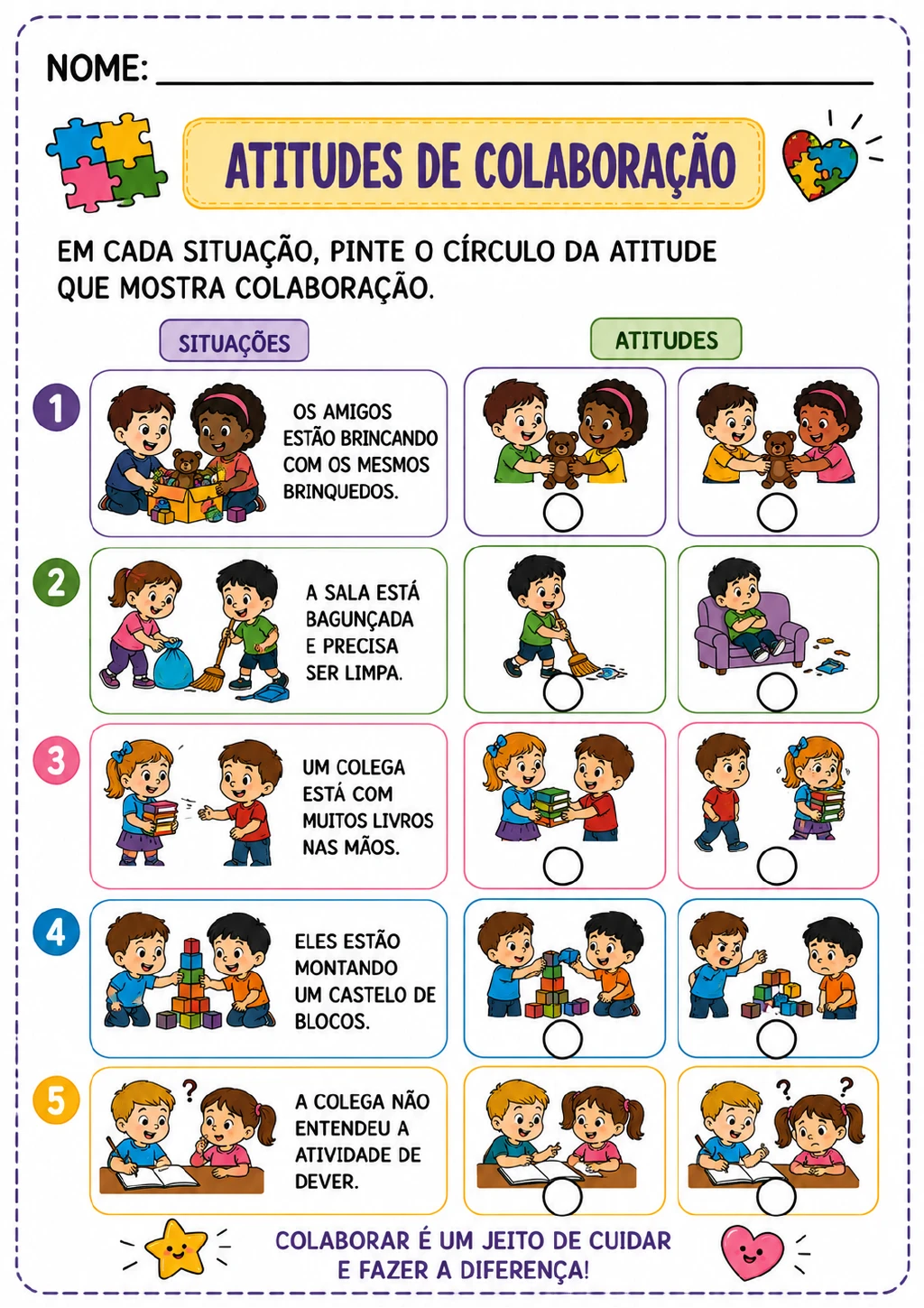 Página com as colunas “Situações” e “Atitudes”, cinco linhas, duas alternativas ilustradas por linha.