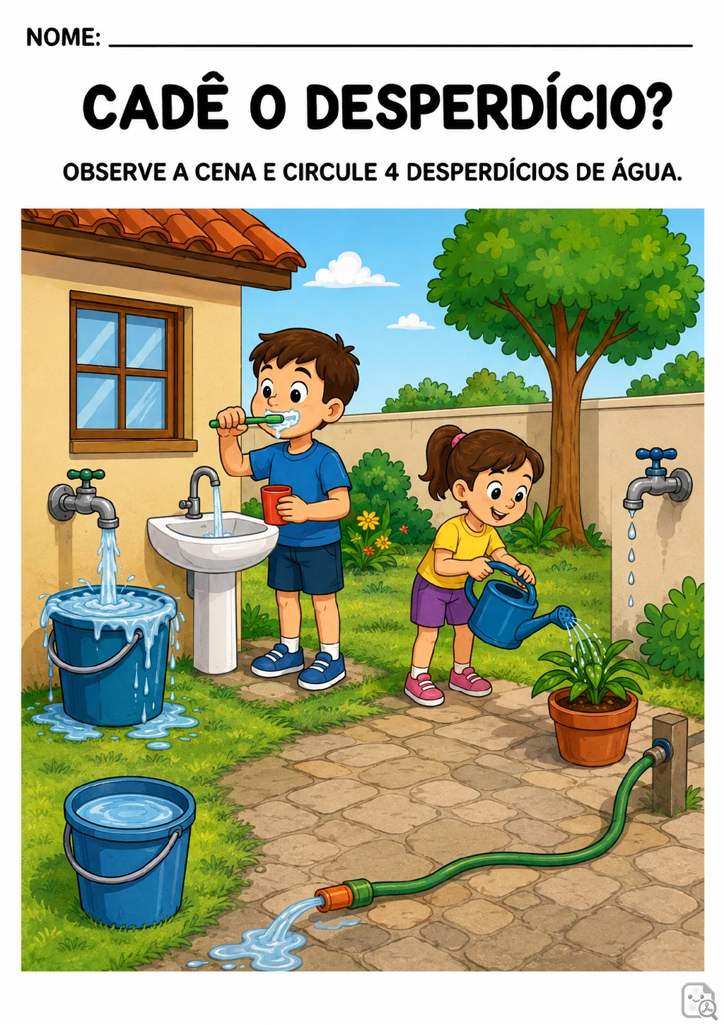 Ilustração de um quintal com crianças, pia, torneiras, balde transbordando, mangueira, regador e planta.
