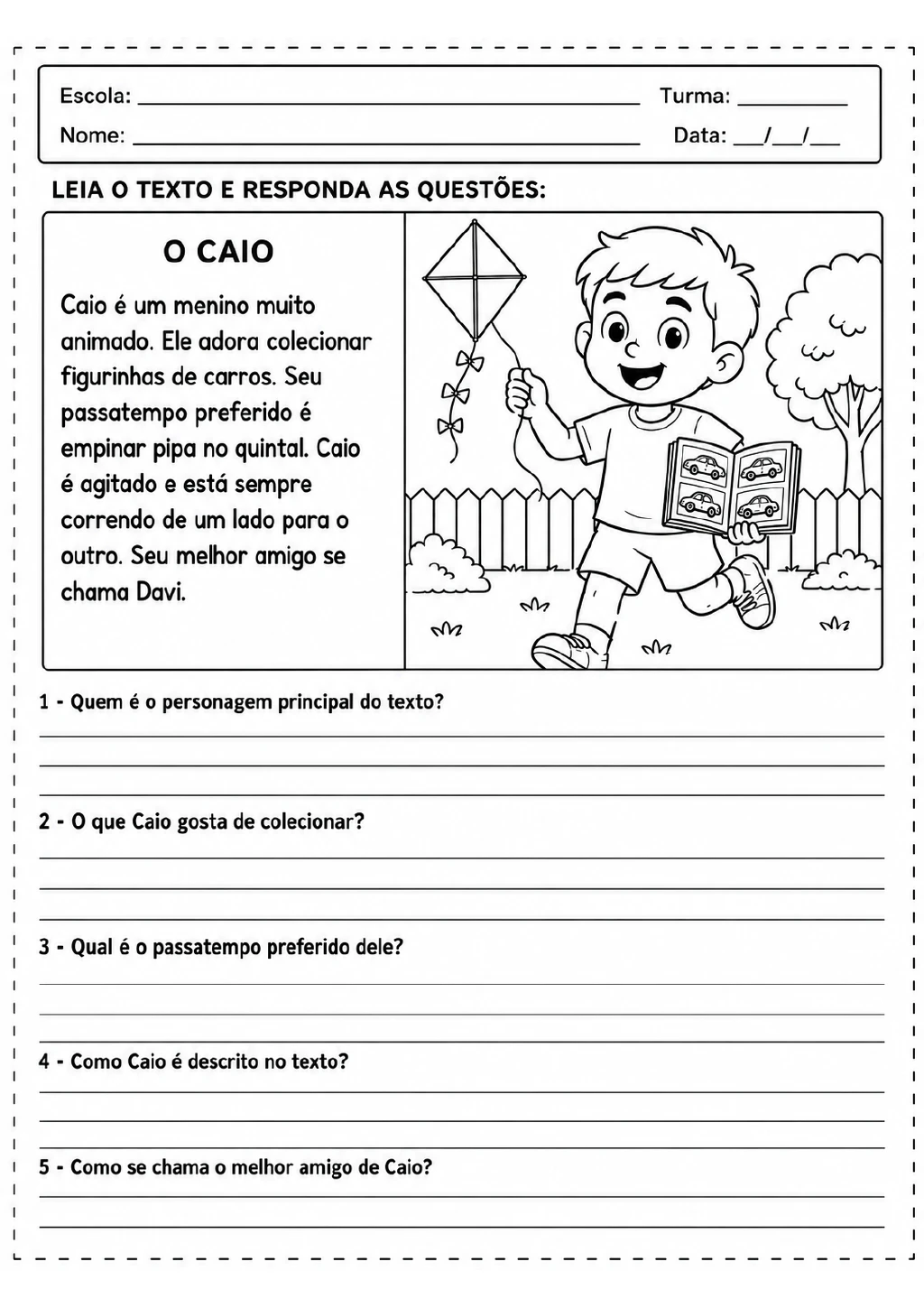 Texto “O Caio” com cinco perguntas abertas, ilustração de Caio empinando uma pipa e um álbum de figurinhas de carros.