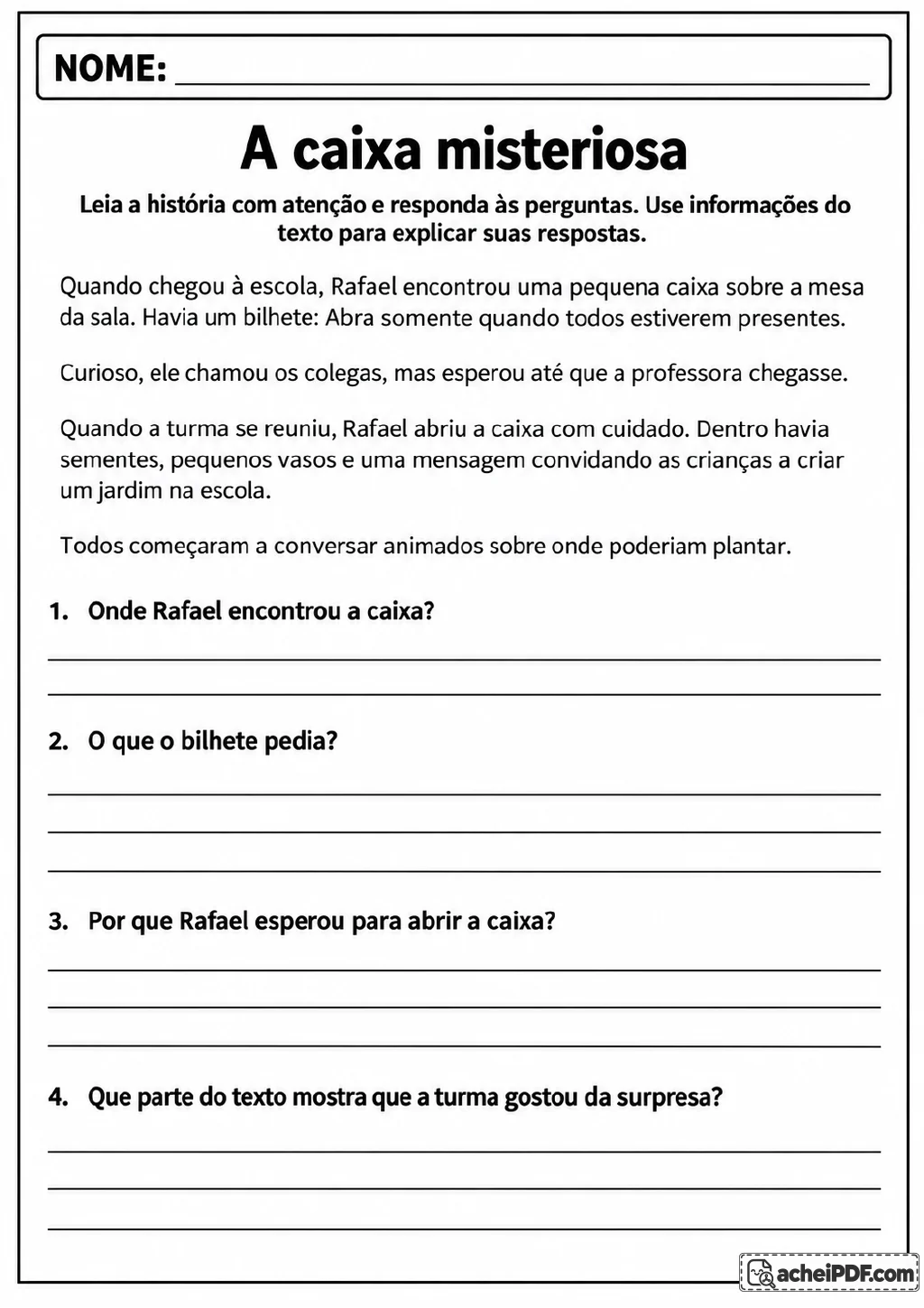 Narrativa A caixa misteriosa sobre Rafael, sementes e vasos, acompanhada de quatro perguntas de interpretação.