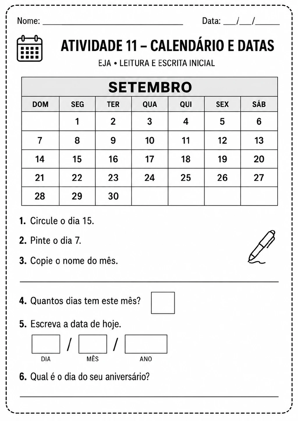 Calendário de setembro em tabela, com os dias numerados de 1 a 30 e abreviações dos dias da semana.