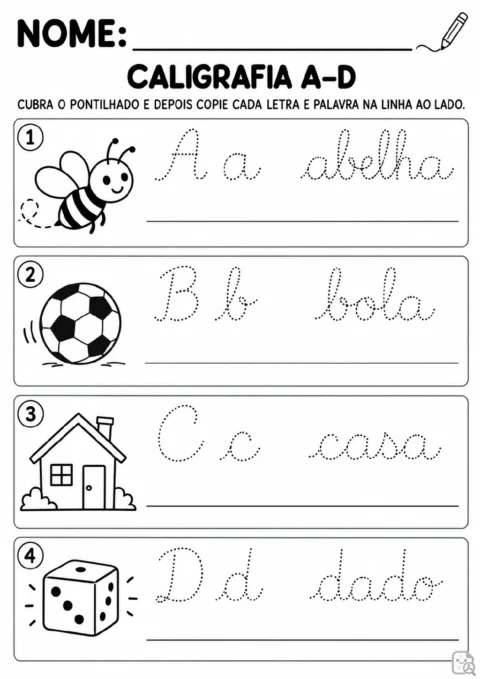 Quatro quadros numerados com as letras pontilhadas A, B, C e D, as palavras abelha, bola, casa e dado e linhas para cópia.