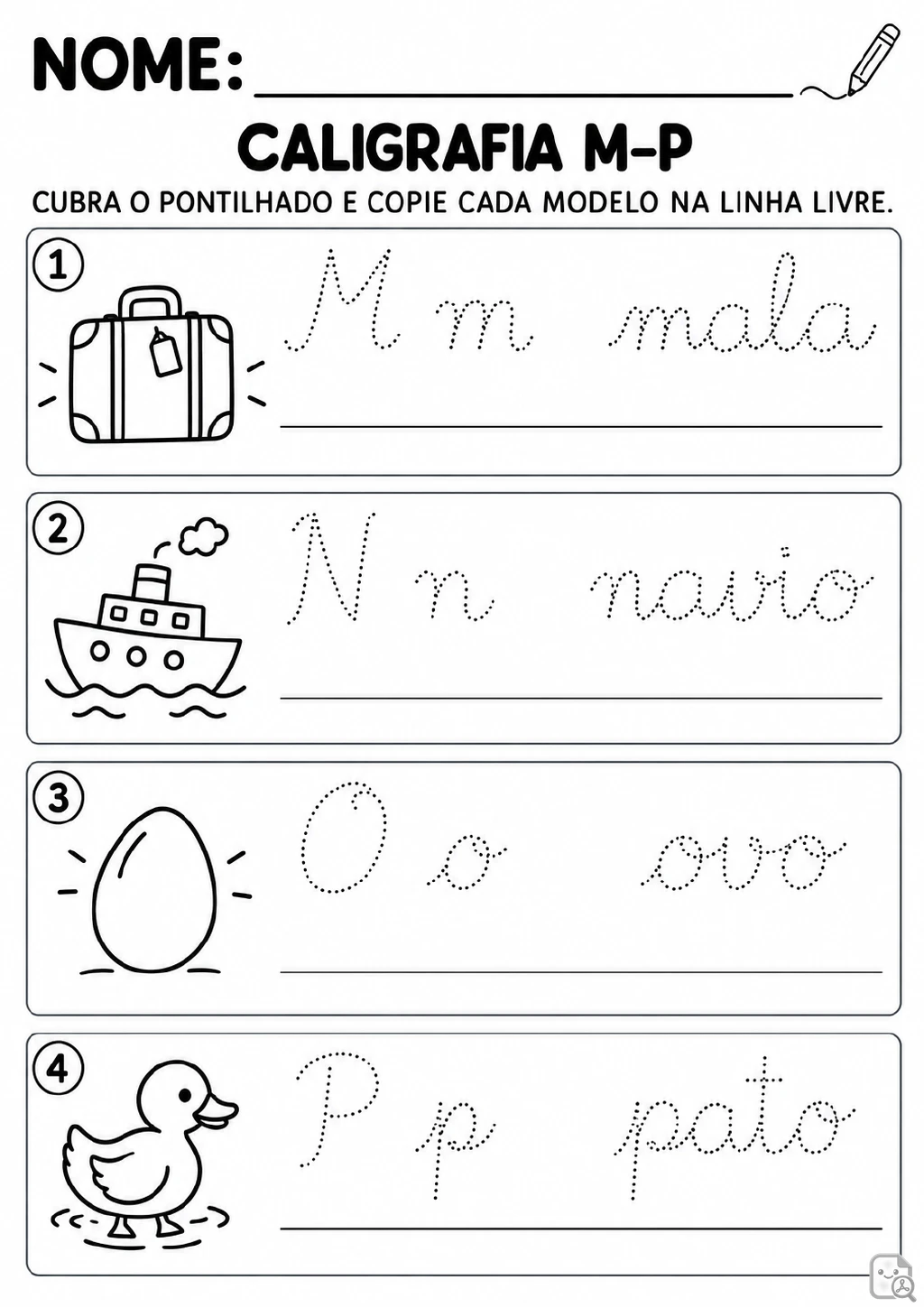 Quatro quadros numerados com as letras pontilhadas M, N, O e P, as palavras mala, navio.