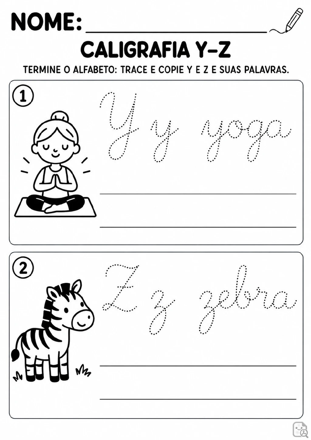 Dois quadros numerados com as letras cursivas pontilhadas Y e Z, as palavras yoga e zebra.