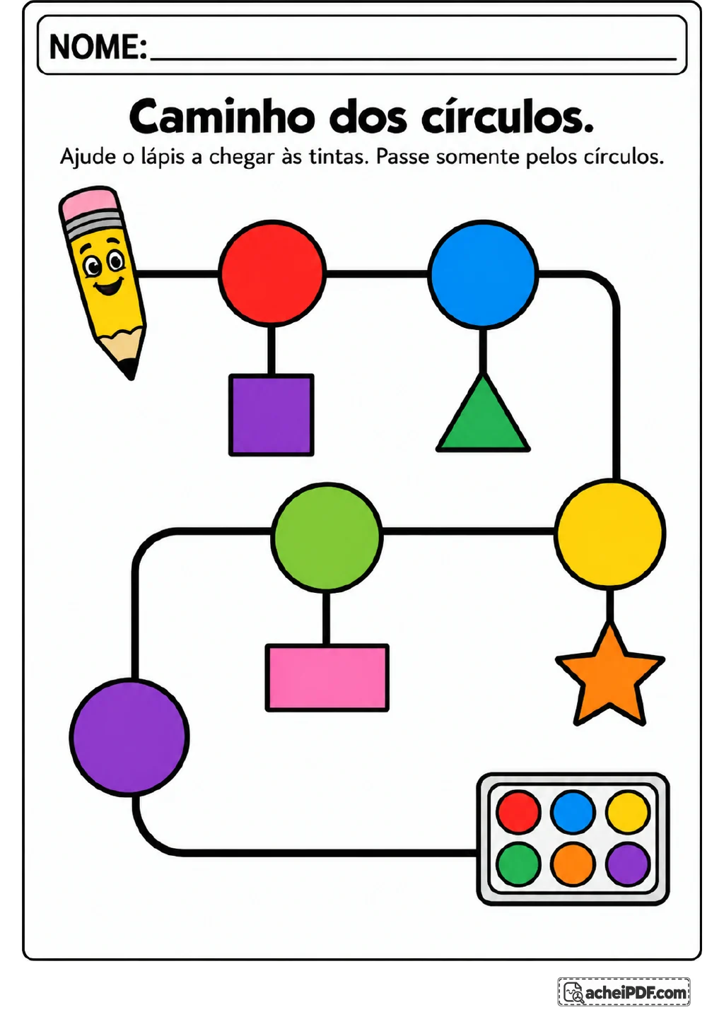 Lápis e estojo de tintas ligados por um caminho com cinco círculos, além de quadrado, triângulo.