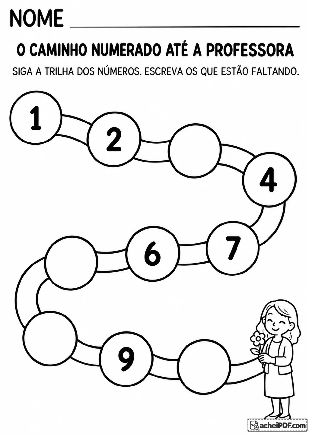 Trilha numérica de 1 a 10 com os números 1, 2, 4, 6, 7 e 9 visíveis, quatro círculos vazios.