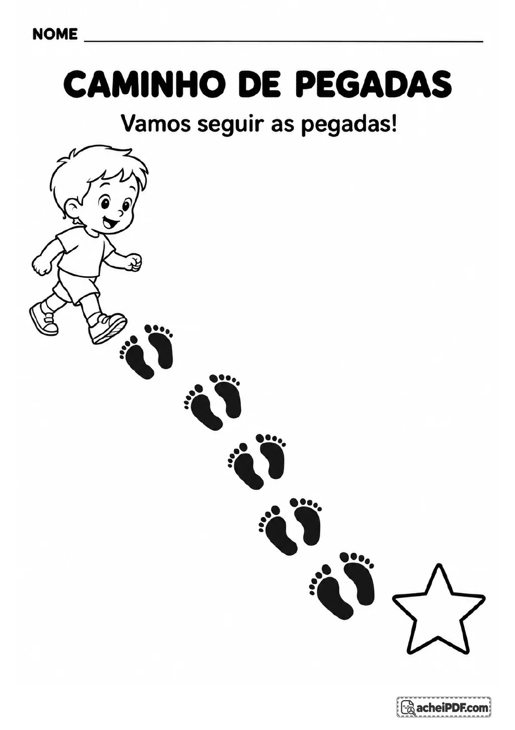 Menino ao lado de um caminho curvo com cinco pares de pegadas que levam a uma estrela.