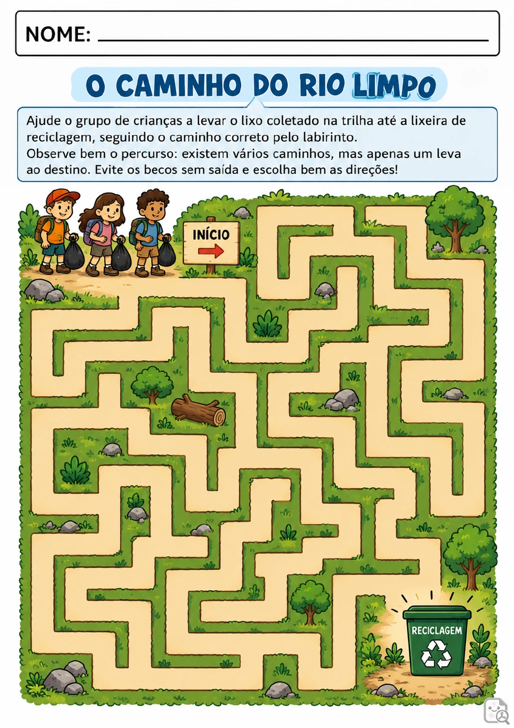 Labirinto colorido em cenário de natureza, com três crianças carregando sacos de lixo até uma lixeira verde de reciclagem.
