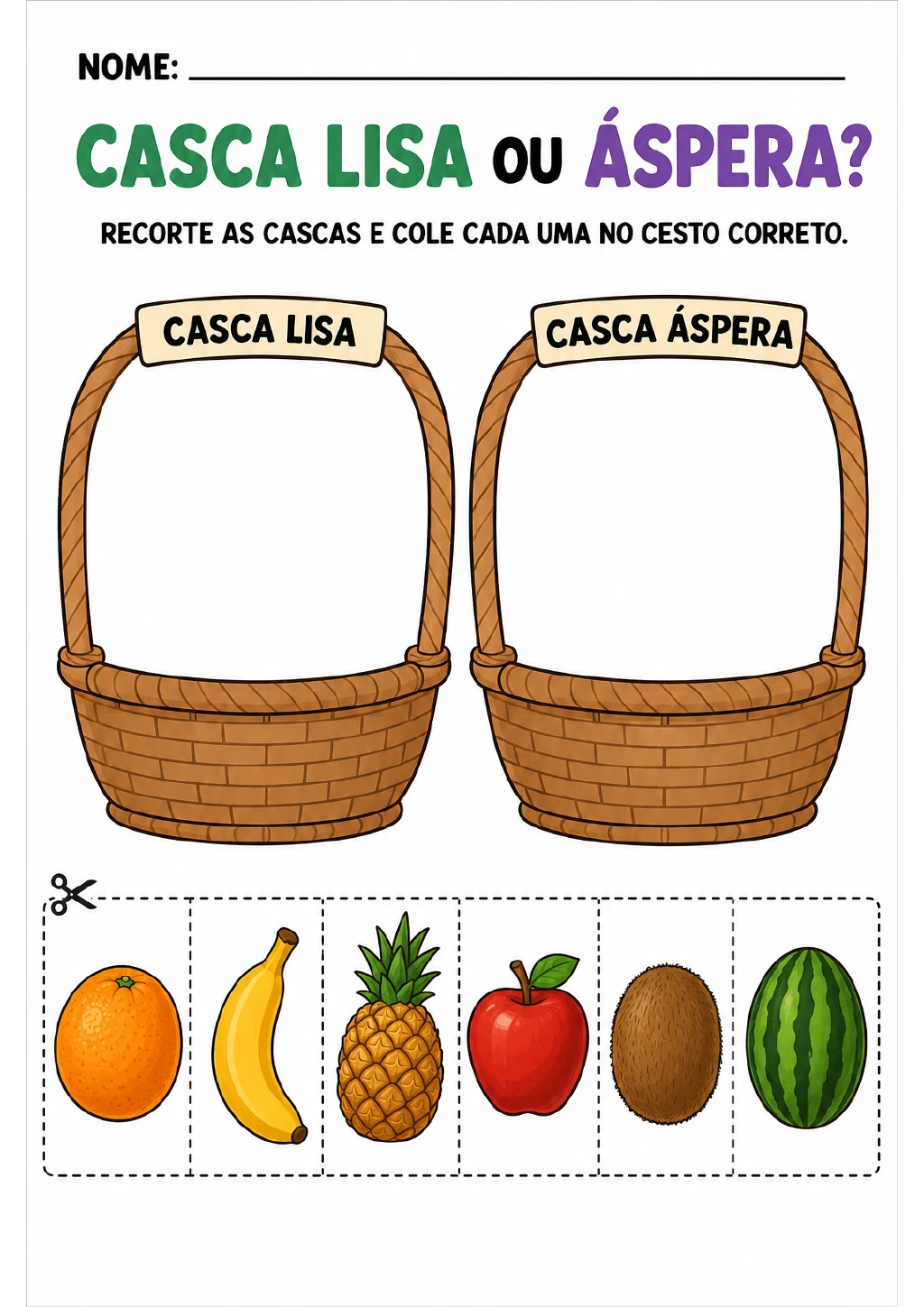 Dois cestos identificados como “casca lisa” e “casca áspera”, com seis cartões de frutas tracejados para recortar: laranja.