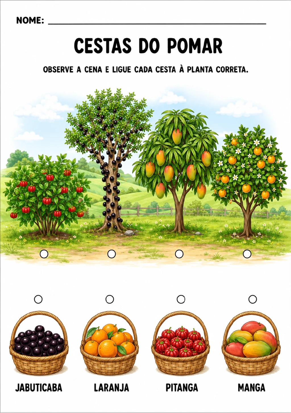 Cena de pomar com quatro plantas frutíferas e quatro cestas identificadas como jabuticaba, laranja, pitanga e manga.