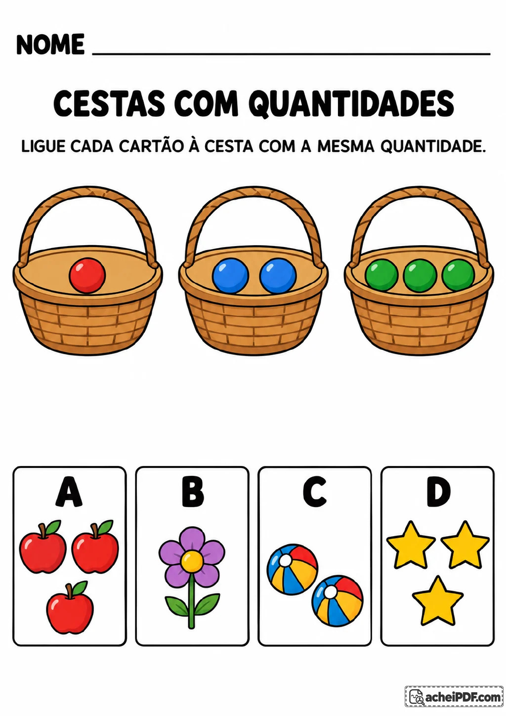 Três cestas com 1, 2 e 3 bolas e quatro cartões: A, com 3 maçãs; B, com 1 flor; C, com 2 bolas; e D, com 3 estrelas.