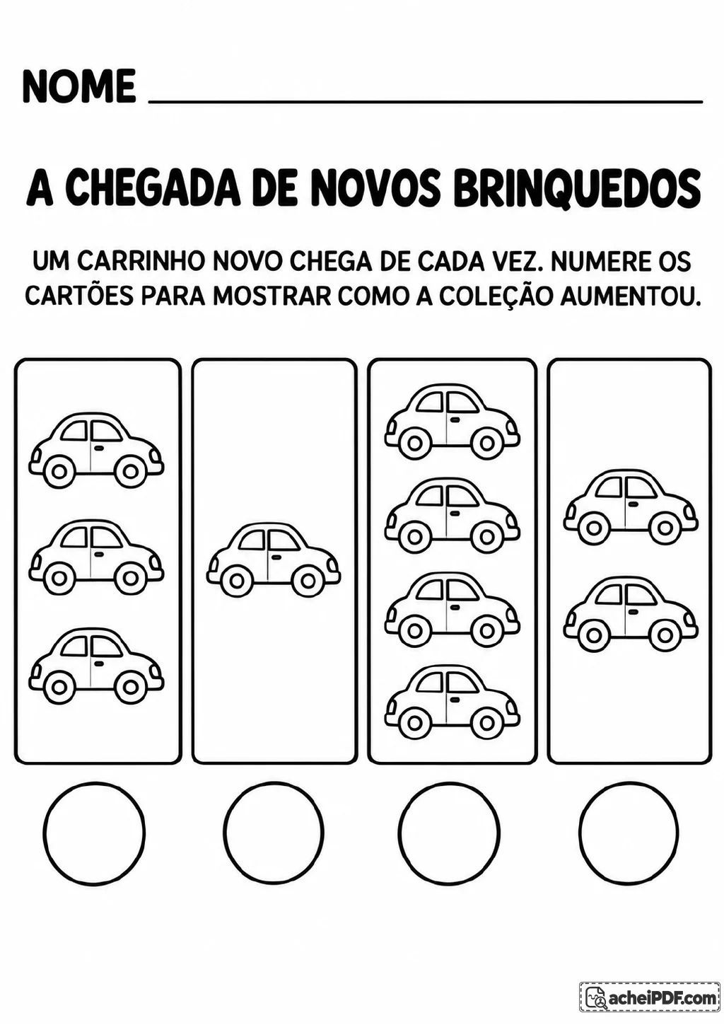 Quatro cartões verticais mostram coleções de 3, 1, 4 e 2 carrinhos, cada um com um círculo abaixo para registrar a ordem.