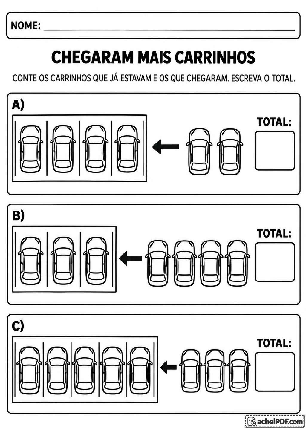 Três cenas de estacionamento identificadas por A, B e C, com carrinhos em vagas delimitadas.